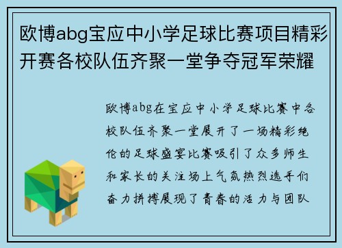 欧博abg宝应中小学足球比赛项目精彩开赛各校队伍齐聚一堂争夺冠军荣耀