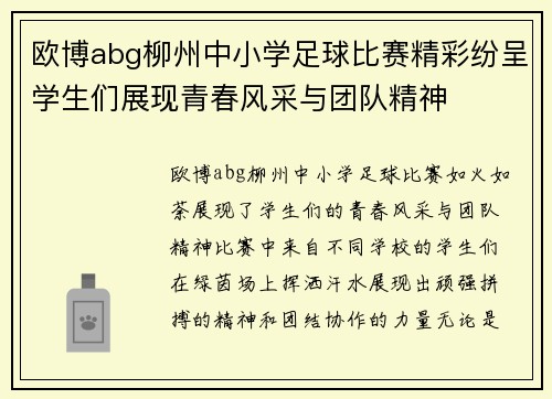 欧博abg柳州中小学足球比赛精彩纷呈学生们展现青春风采与团队精神