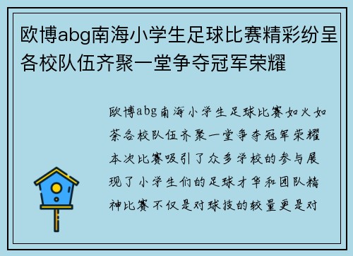 欧博abg南海小学生足球比赛精彩纷呈各校队伍齐聚一堂争夺冠军荣耀